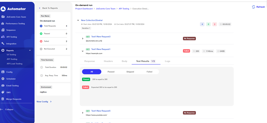 Test result in reports page