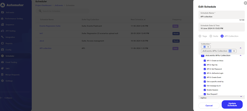Creating scheduler by selecting particular request from collection
