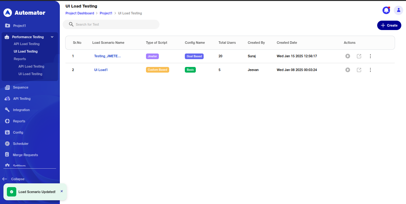 Listing page of UI Load test image