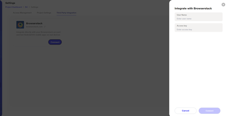 username and access key addition from the Browserstack