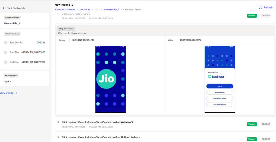 Mobile Testing screenshot view on reports page