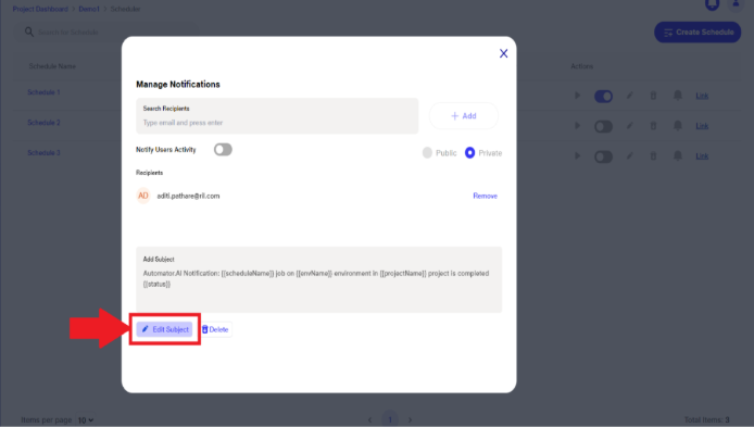 Editing subject for notifying scheduler update 