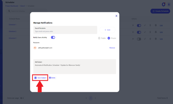 Saving subject for notifying scheduler update 