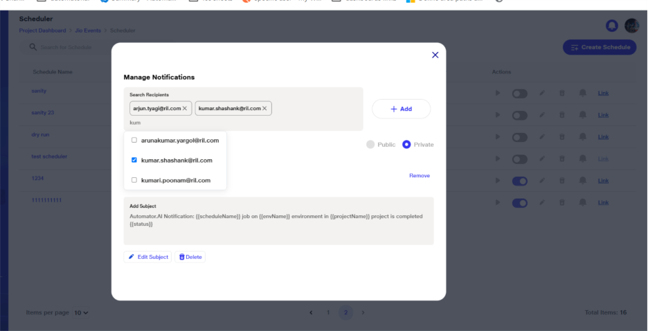 Adding recipients for notifying about the schedule run 