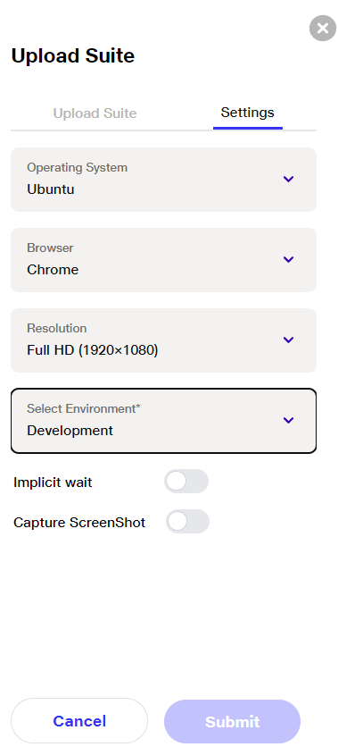 settings page for upload suite 