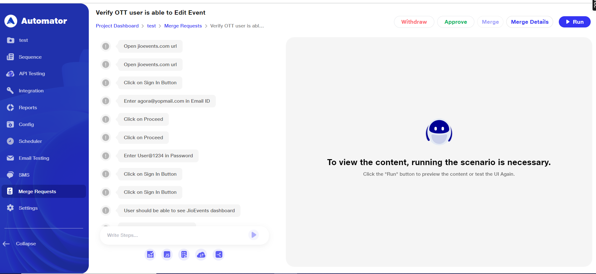 Visual texting page on redirection from merge request tab